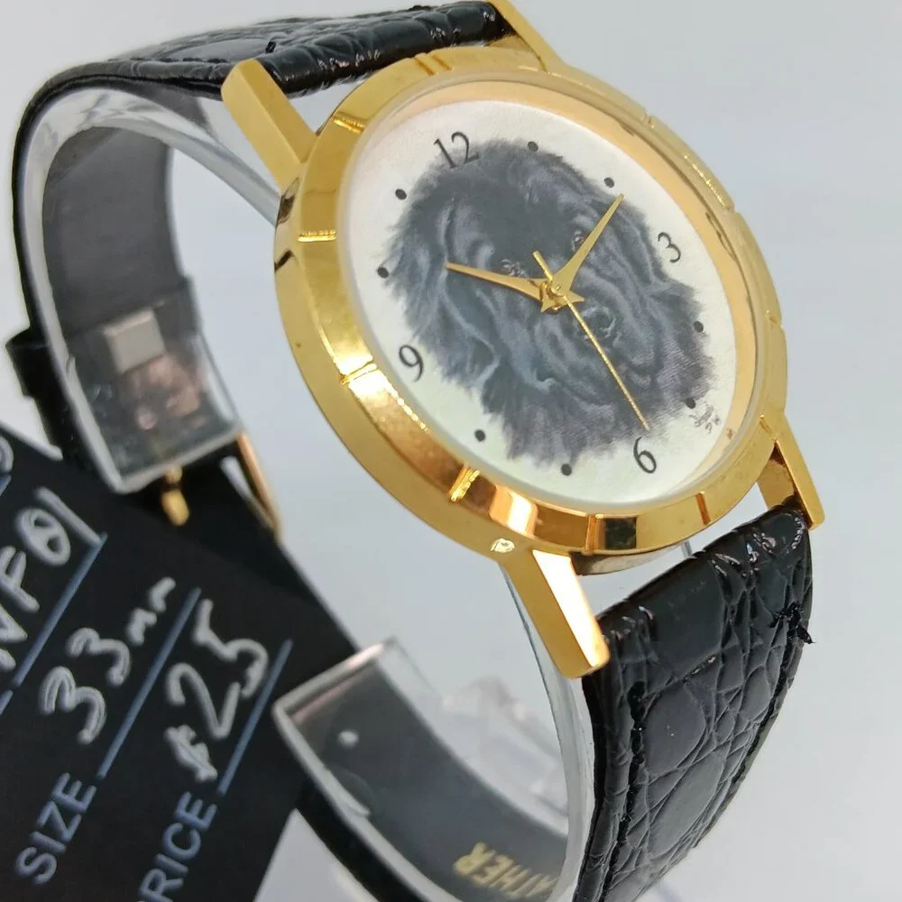 Newfoundland Dog 33mm Women's Gold Tone Black Leather Band Watch NWT